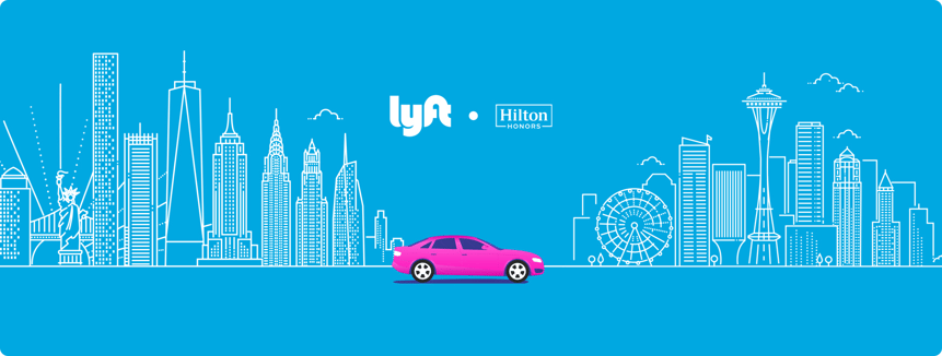 Ad image for Hilton and Lyft partnership. Shows a car against a cityscape silhouette. 