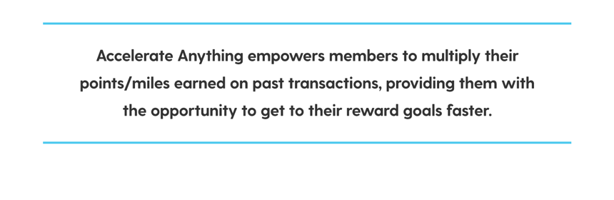 Accelerate Anything empowers members to multiply their points/miles earned on past transactions, providing them with the opportunity to get to their reward goals faster.